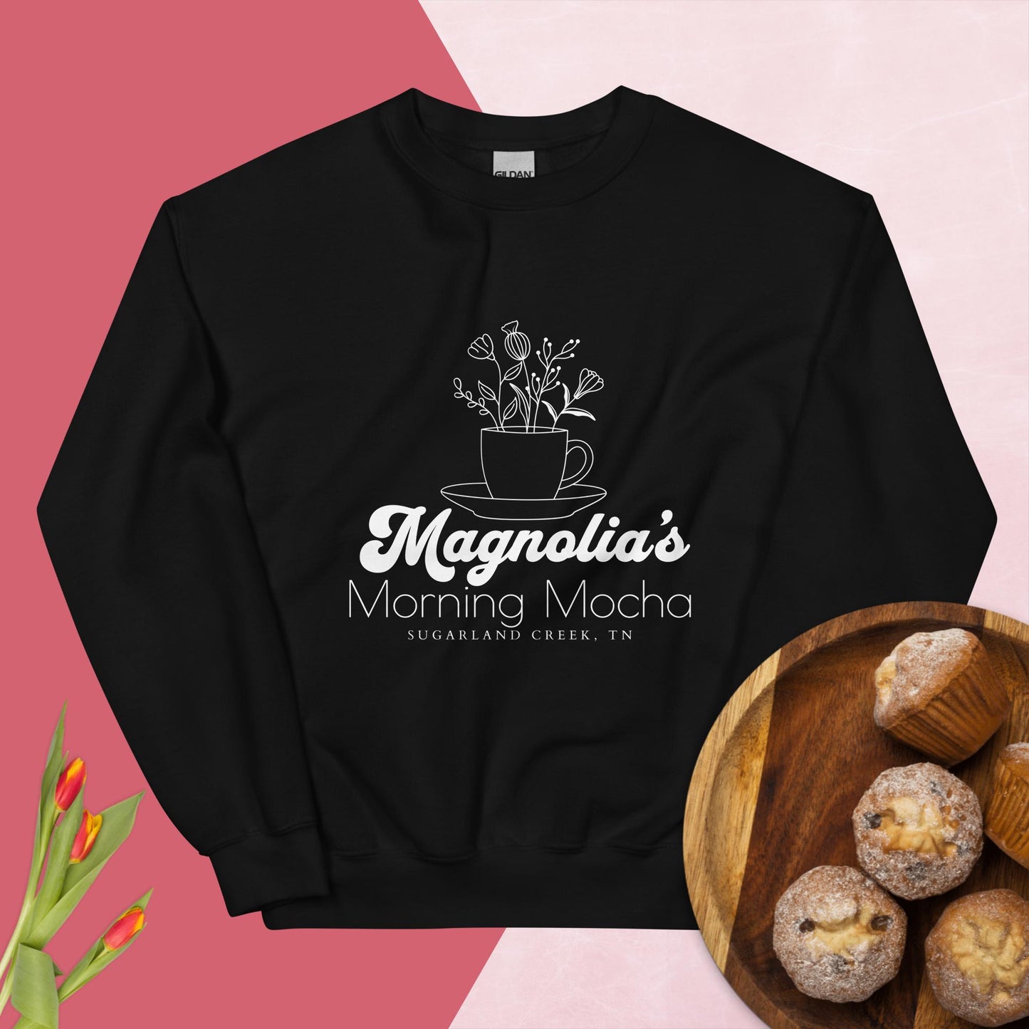 "Magnolia's Morning Mocha" White Logo Double-Sided w/Quote [Stay With Me] Unisex Sweatshirt