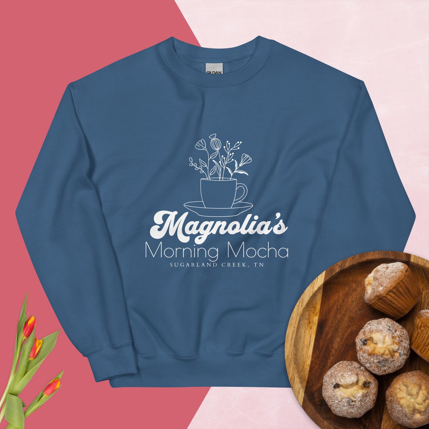 "Magnolia's Morning Mocha" White Logo Double-Sided w/Quote [Stay With Me] Unisex Sweatshirt