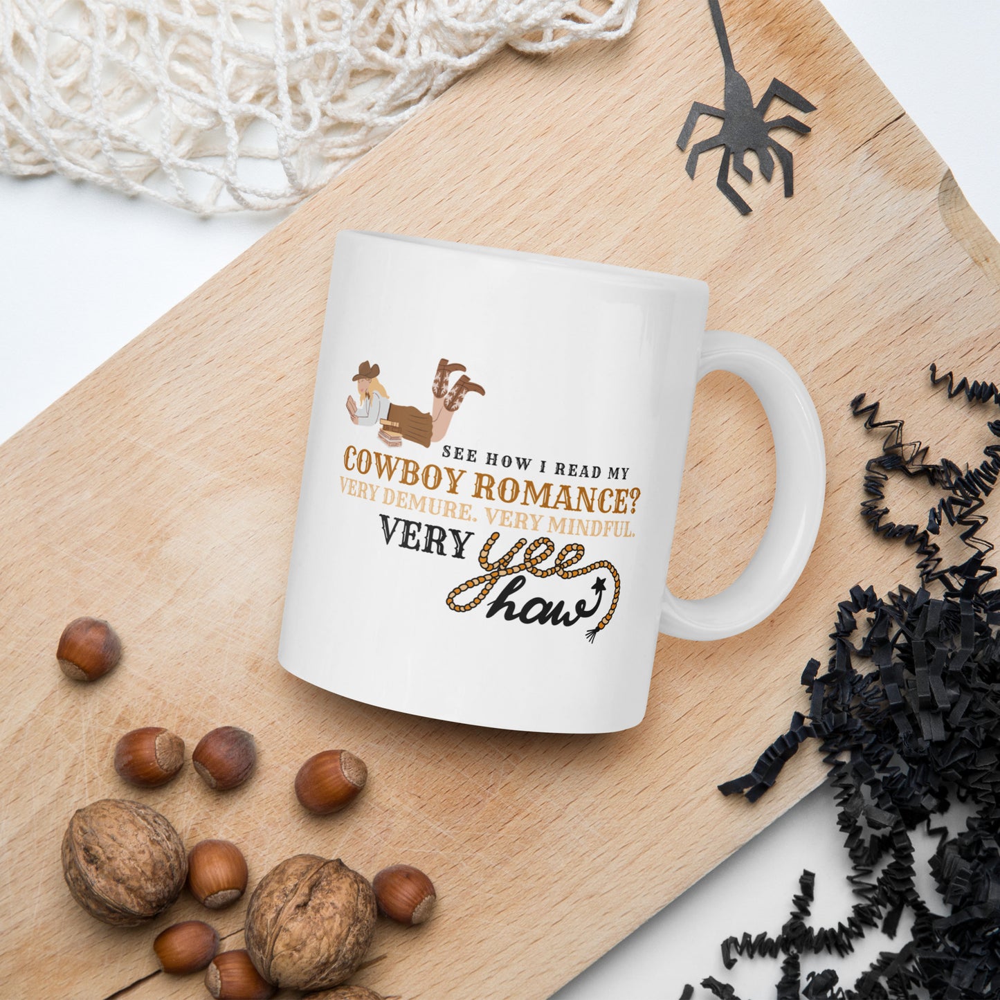 Demure Cowboy Romance White glossy mug